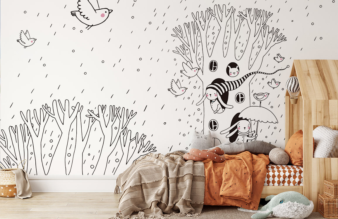 Whimsical Forest Creatures Kids Mural Wallpaper in bedroom