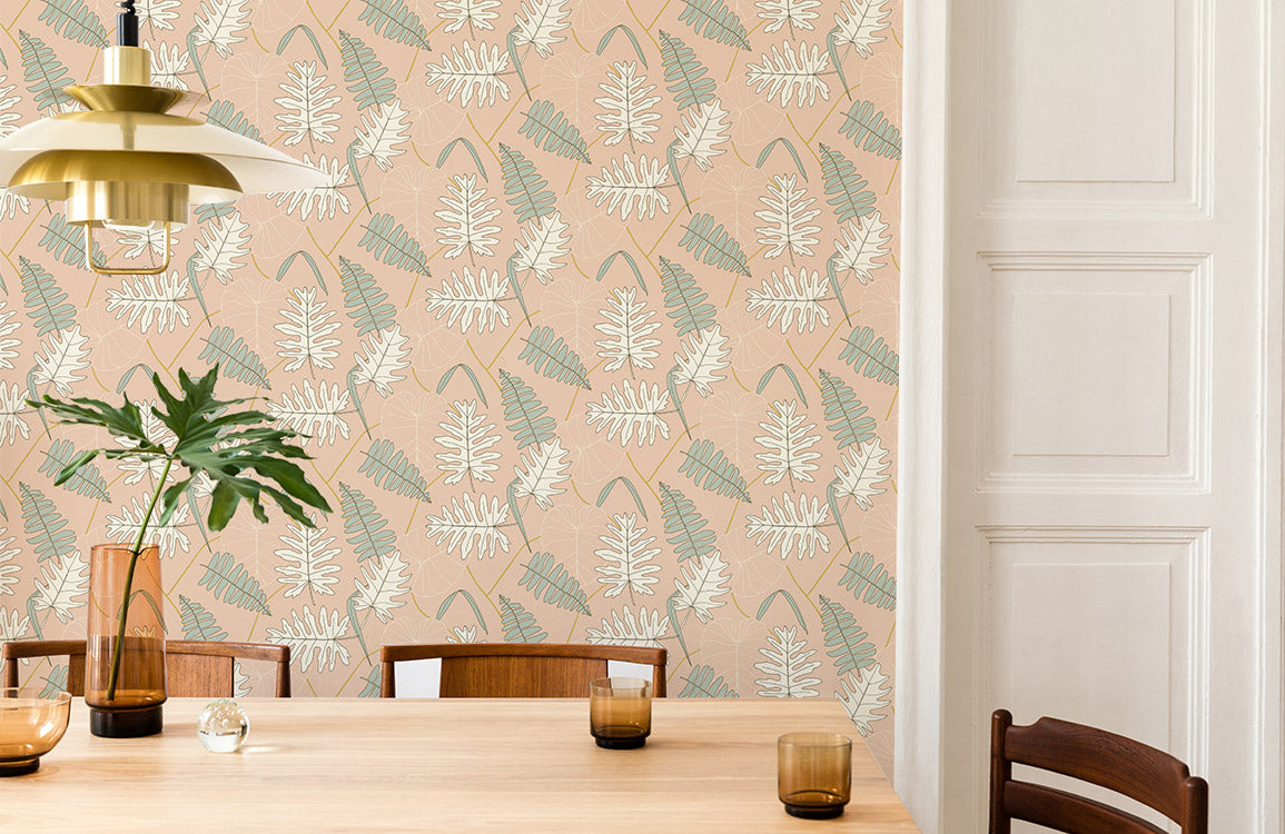 Botanical Leaf Pattern Beige Wall Mural in dining room