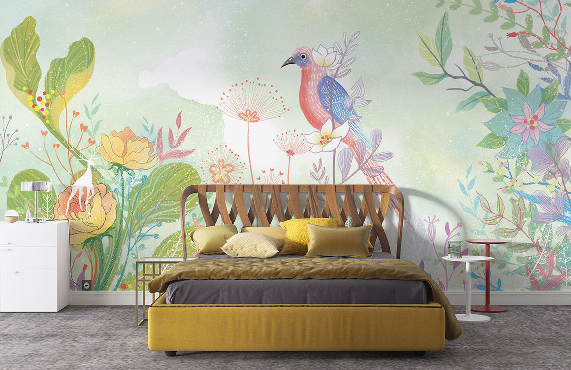 Pastel Botanical Bird Garden Mural Wallpaper in bedroom