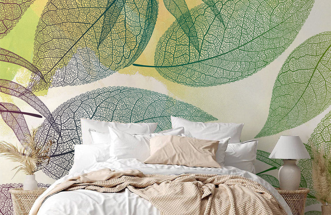 Botanical Leaf Pattern Green Wall Mural in bedroom