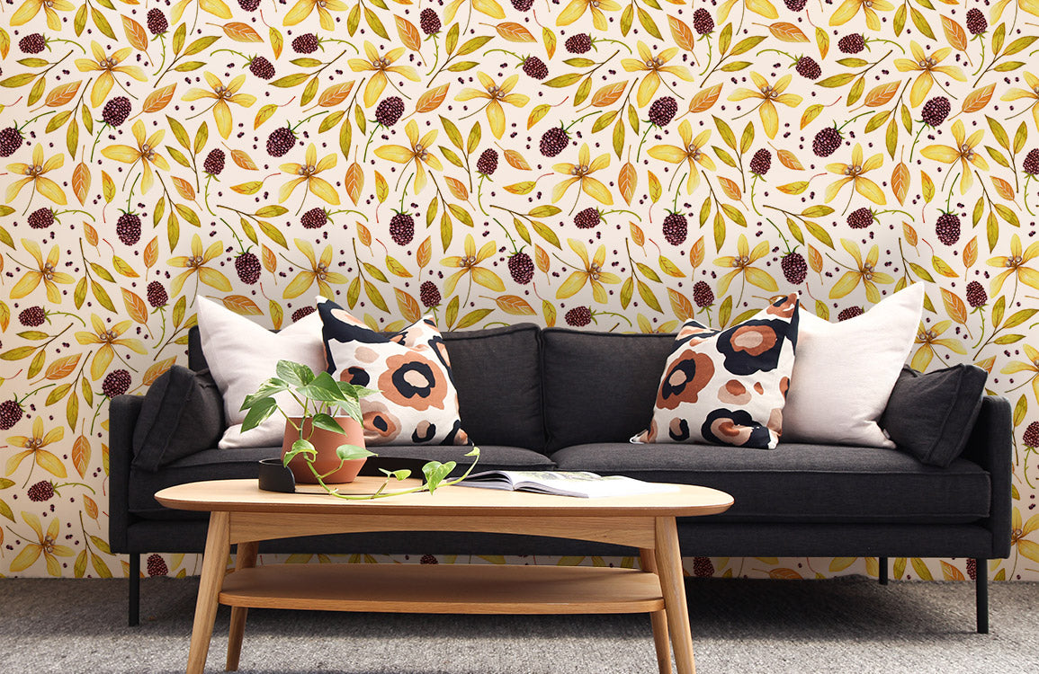 Vintage Botanical Yellow Floral Mural Wallpaper in living room