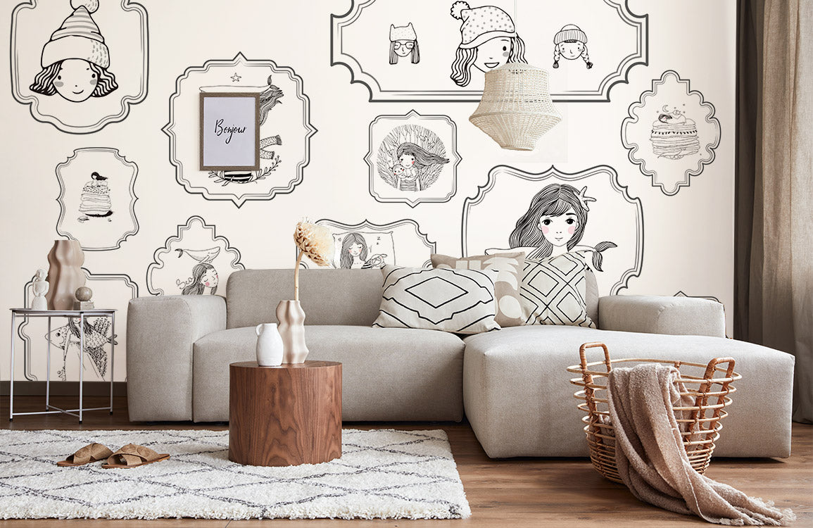 Whimsical Storybook Frame Mural Wallpaper in living room
