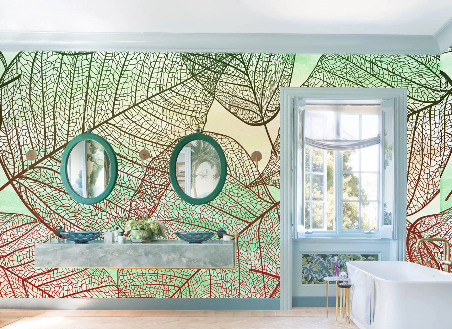 Abstract Botanical Leaf Vein Mural Wallpaper in bathroom