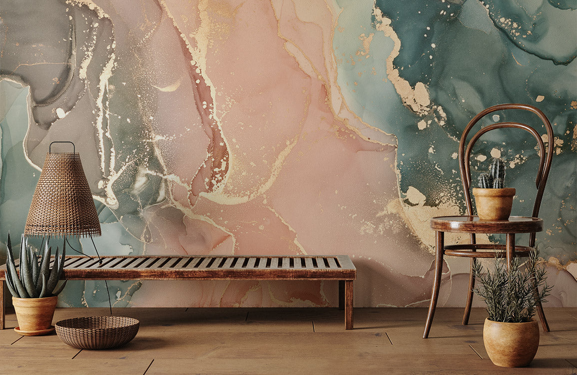 Wallpaper Mural with Pink and Gold Swirls for Home Decor