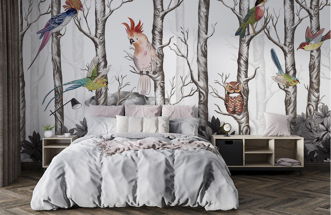 Enchanted Forest Birds Mural Wallpaper in bedroom