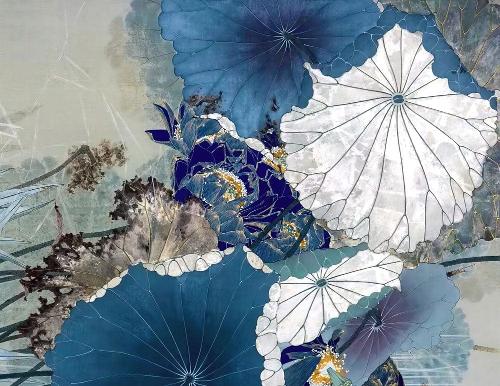 Wallpaper mural for home decoration featuring an abstract blue lotus leaf design