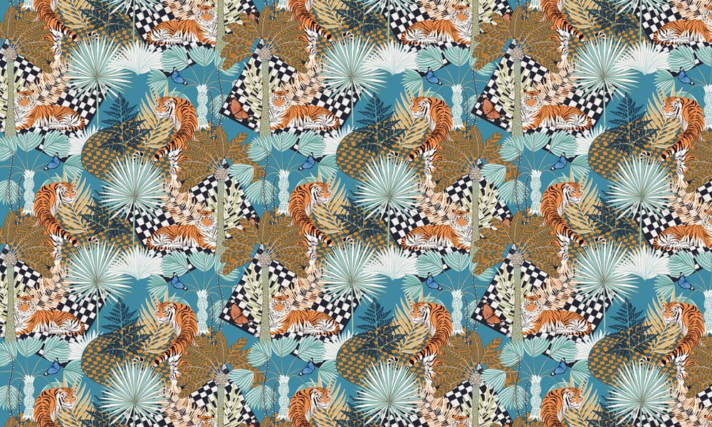 Wallpaper mural for home decoration featuring a blue abstract tiger in a jungle setting