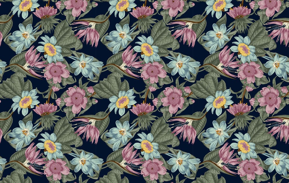 Wallpaper mural for home decoration featuring blue and purple daisies.