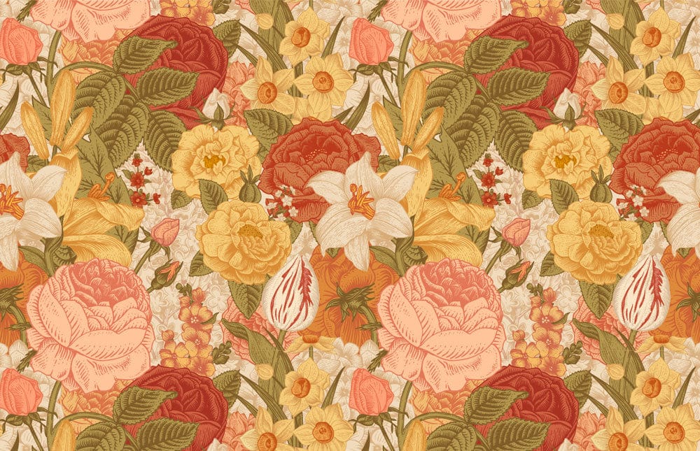 Wallpaper mural for room decor featuring flowers arranged in dense clusters.