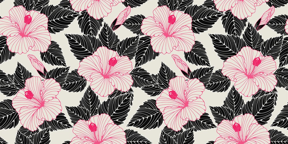 Wallpaper mural for home decoration featuring pink and black line flowers.