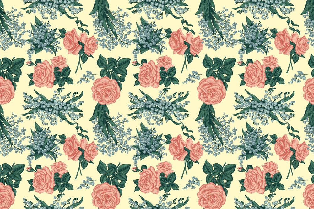 Wallpaper mural for home decoration including roses and bellflowers.