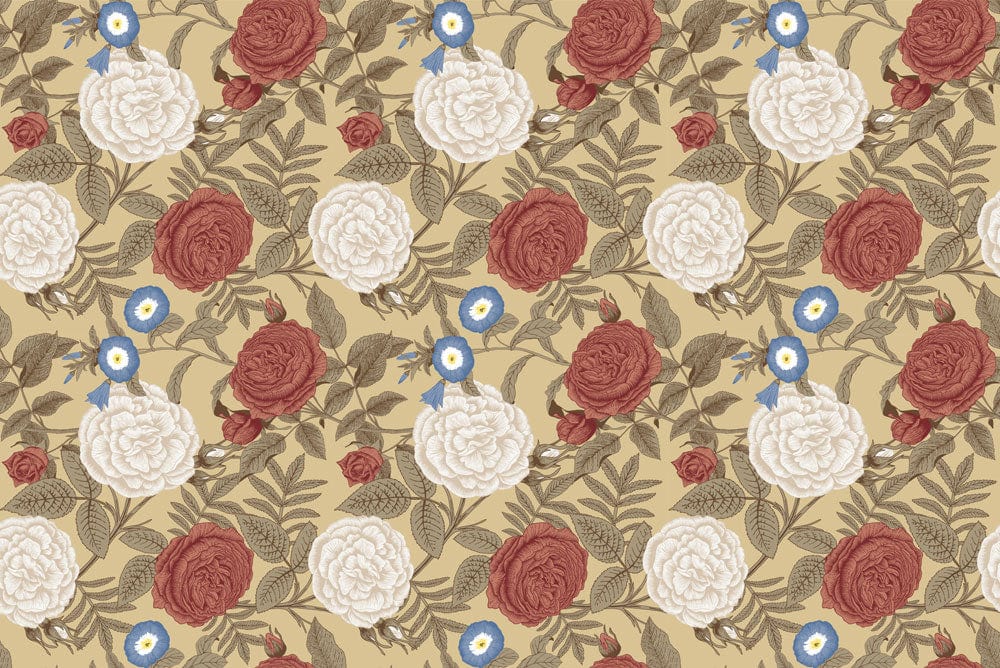 Wallpaper mural for home decoration featuring white and red blossoms.