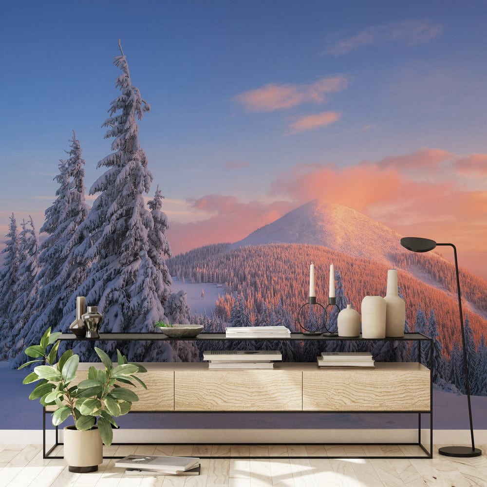 pink theme sunset cloud mountain wallpaper mural design art