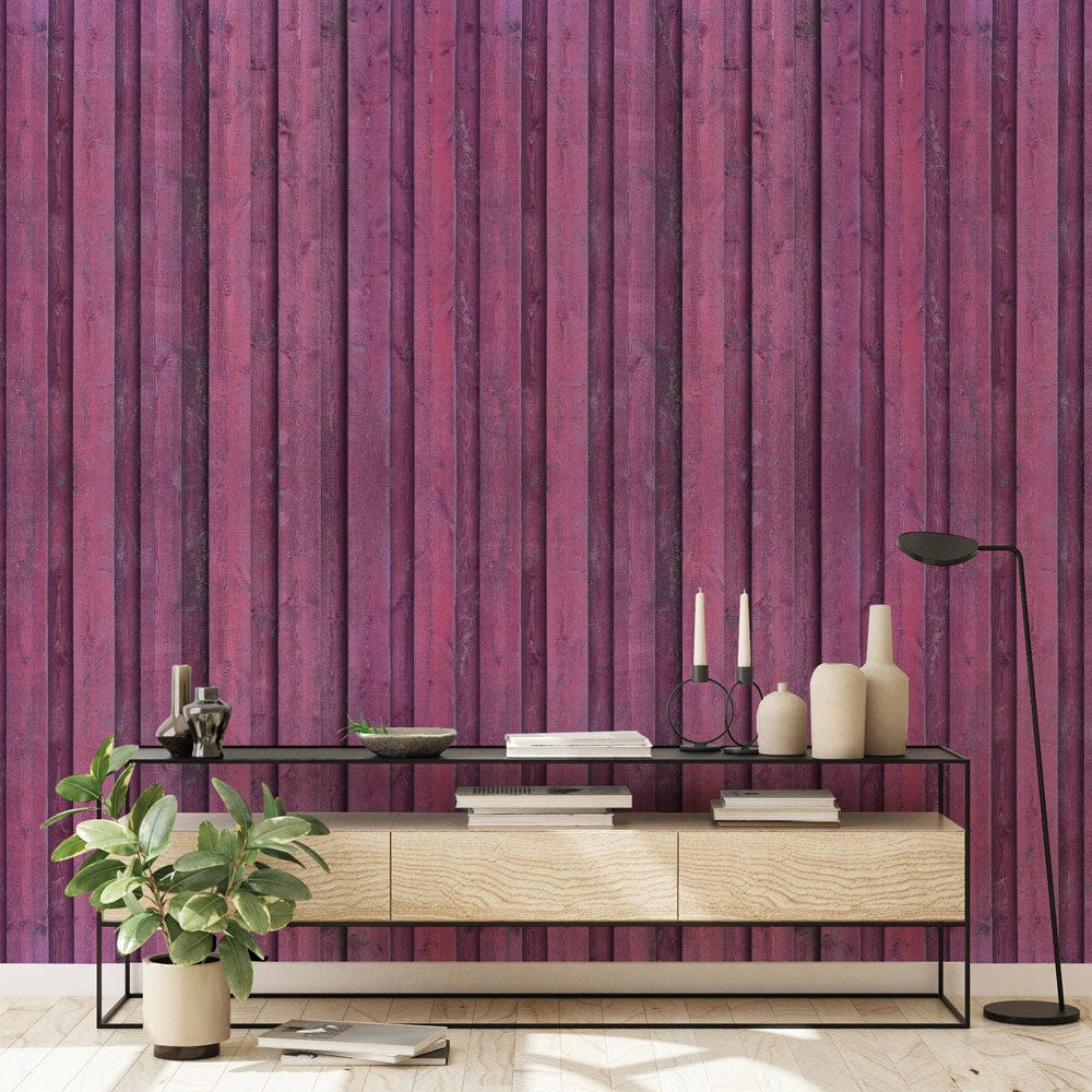 handmade wood grain wall murals in a purple hue for the hallway