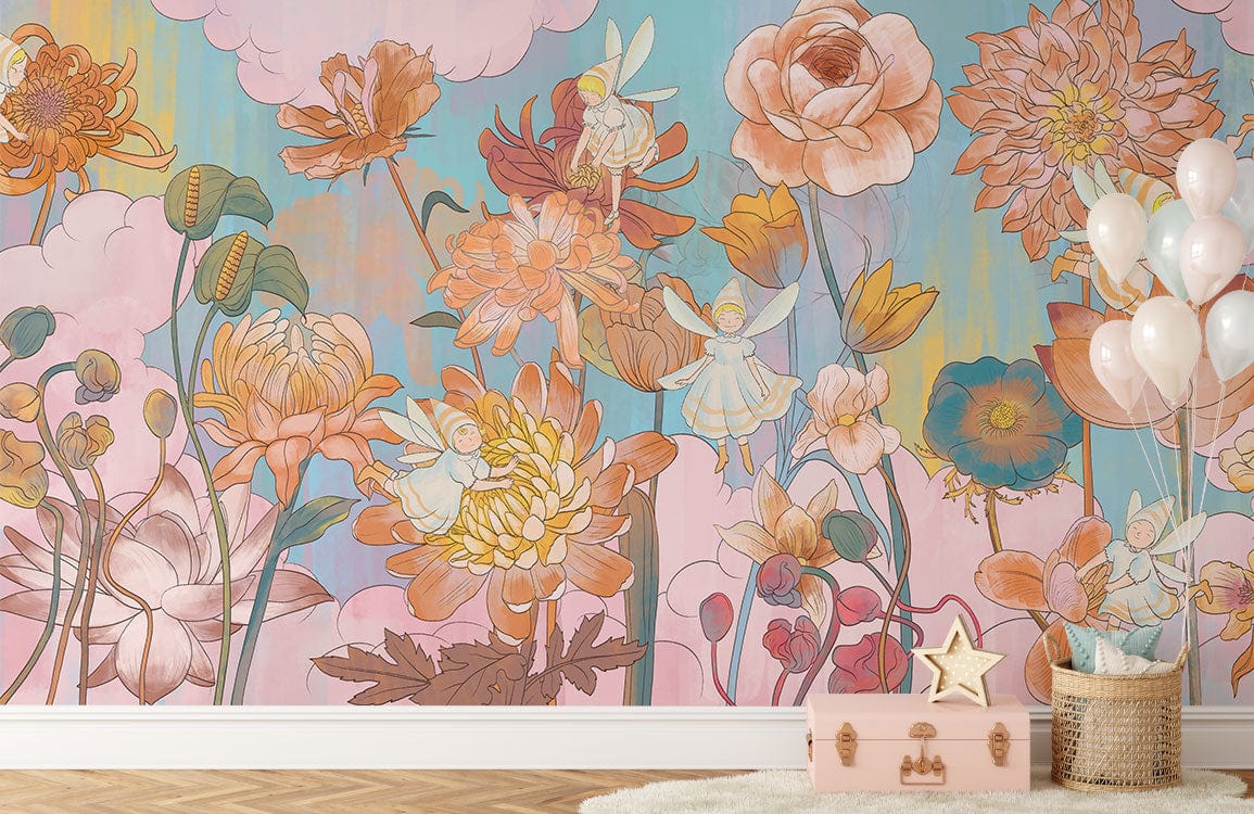 Whimsical Pastel Floral Mural Wallpaper in children's room