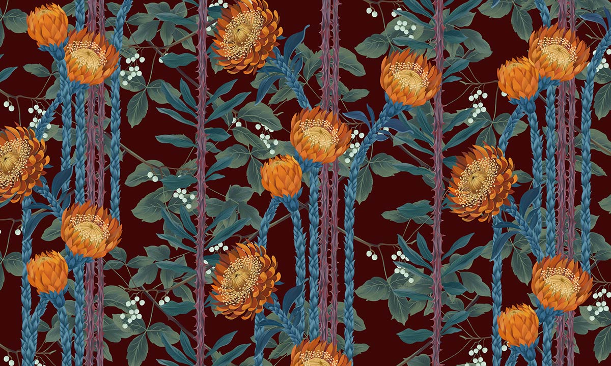 Bold Orange Floral Art Mural Wallpaper