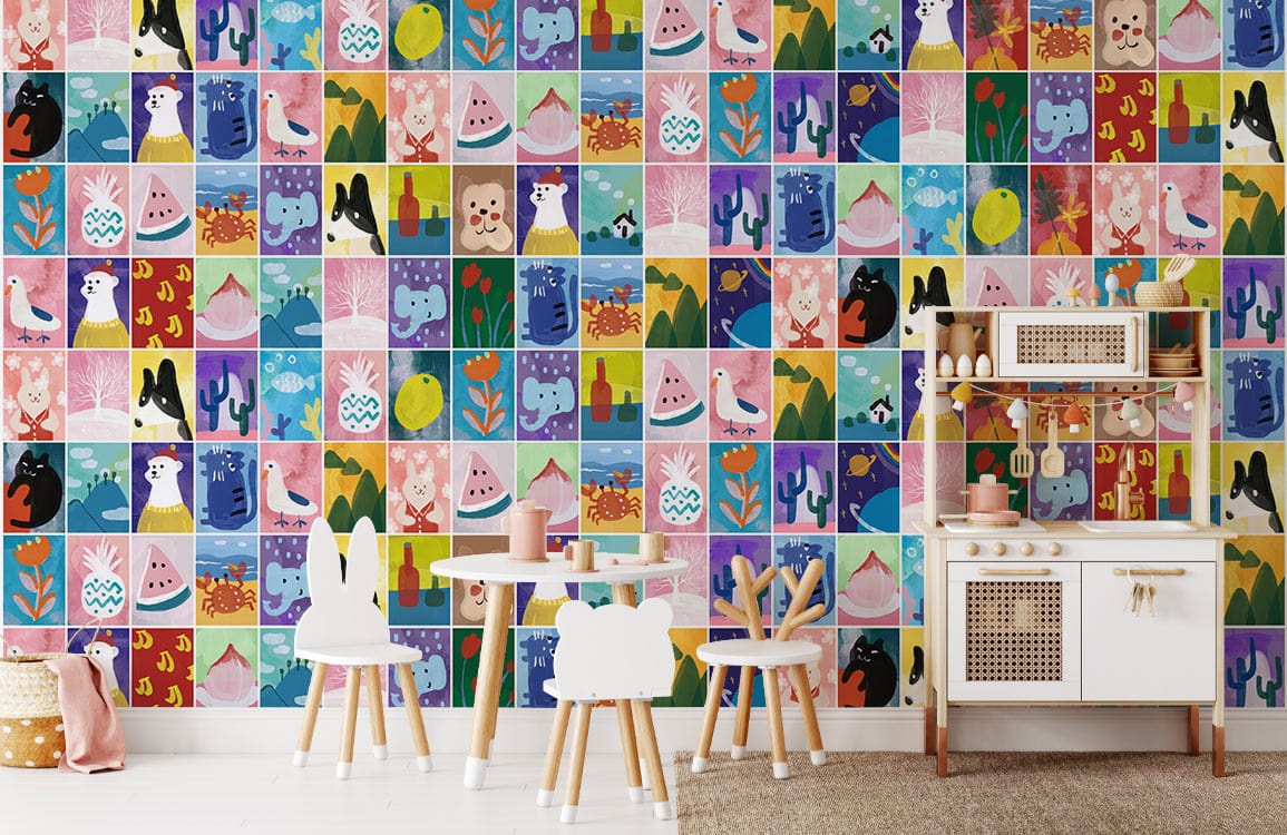 Colorful Abstract Animal Pattern Mural Wallpaper in playroom