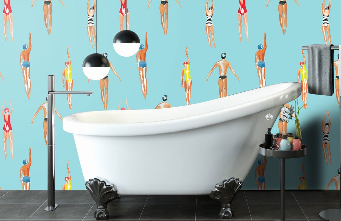 Colorful Tropical Surfboard Pattern Mural Wallpaper in bathroom