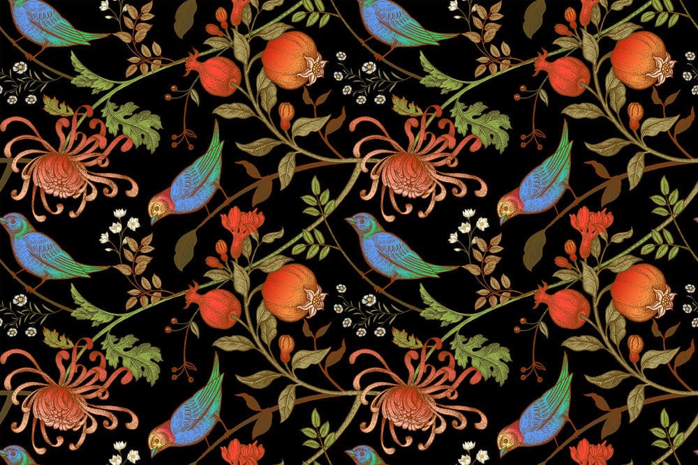 wall mural design for the room with a flower, bird, and animal leaf pattern