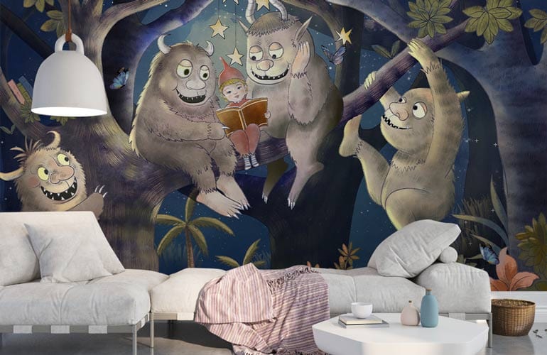 Enchanted Forest Storytime Mural Wallpaper in playroom