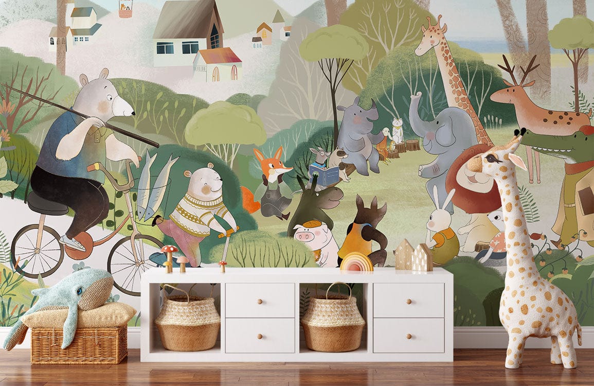 Colorful Whimsical Animal Mural Wallpaper in children's room