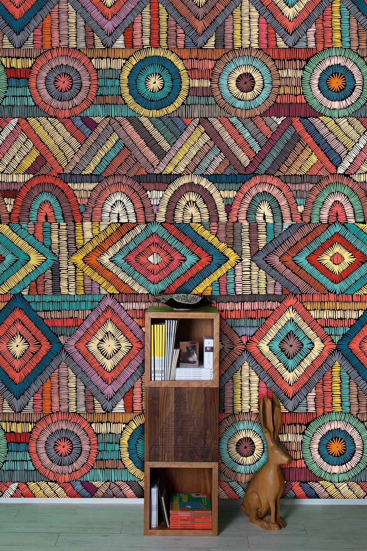 Colorful Geometric Boho Chic Mural Wallpaper in living room