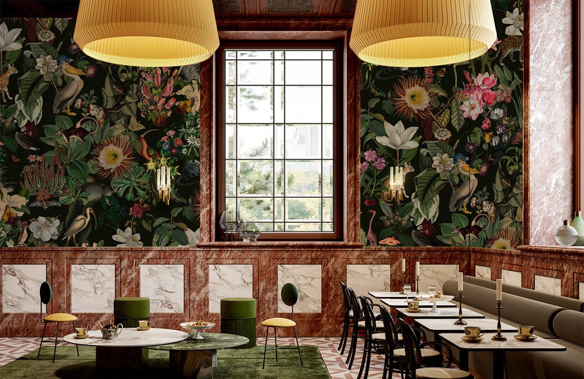 Exotic Jungle Animal Floral Mural Wallpaper in dining room