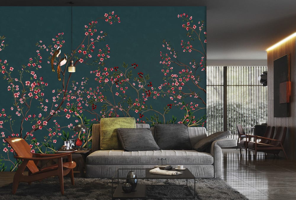 Trees and birds wallpaper mural in jasper for living room