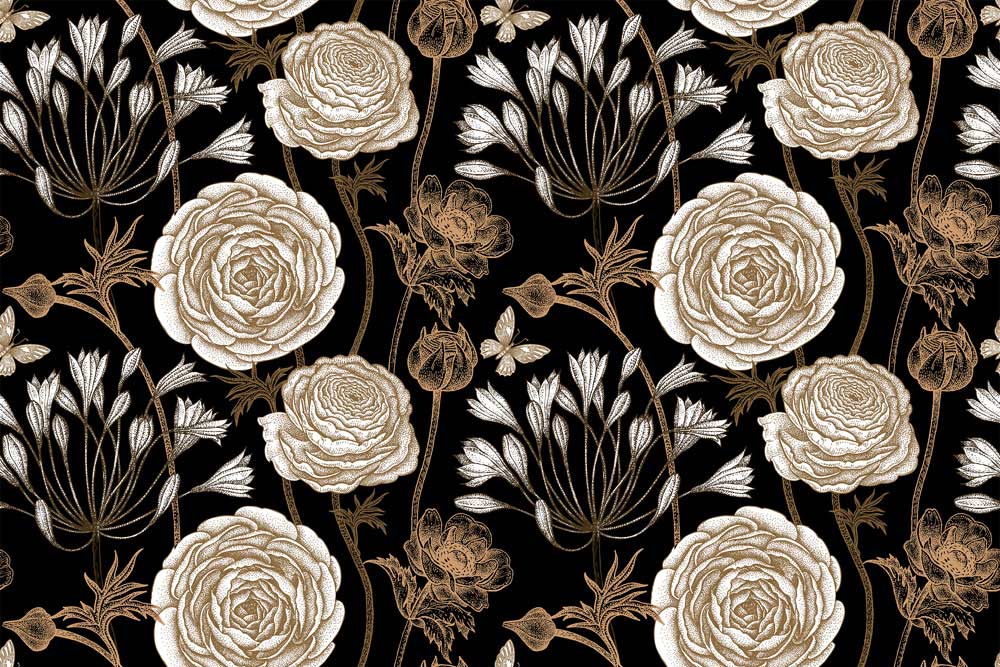 Room wall painting with white flowers and leaves