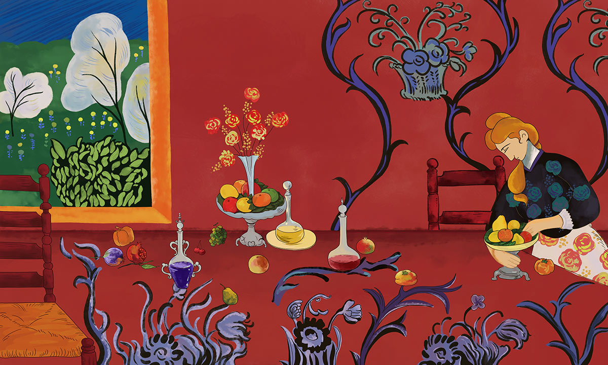 Vibrant Red Floral Artistic Mural Wallpaper in dining room
