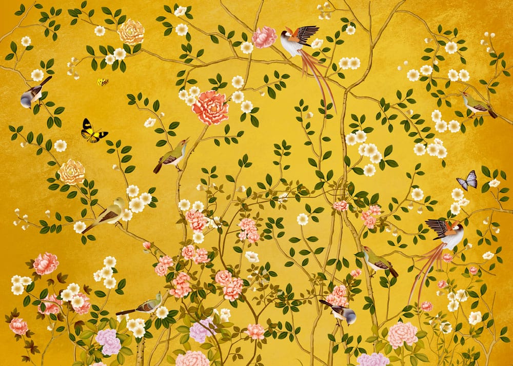 Golden Botanical Bird Garden Mural Wallpaper