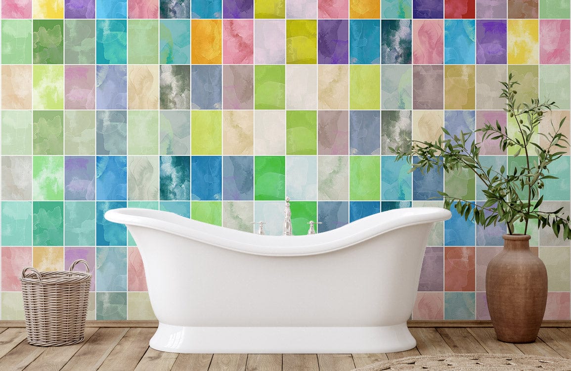 Colorful Watercolor Mosaic Mural Wallpaper in bathroom