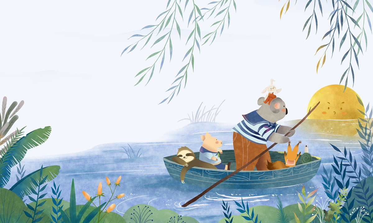 Whimsical Forest Animal Boat Mural Wallpaper