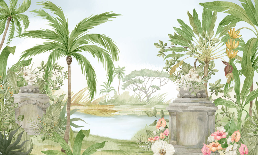 fresh scenery of green forest by the lake wallpaper mural
