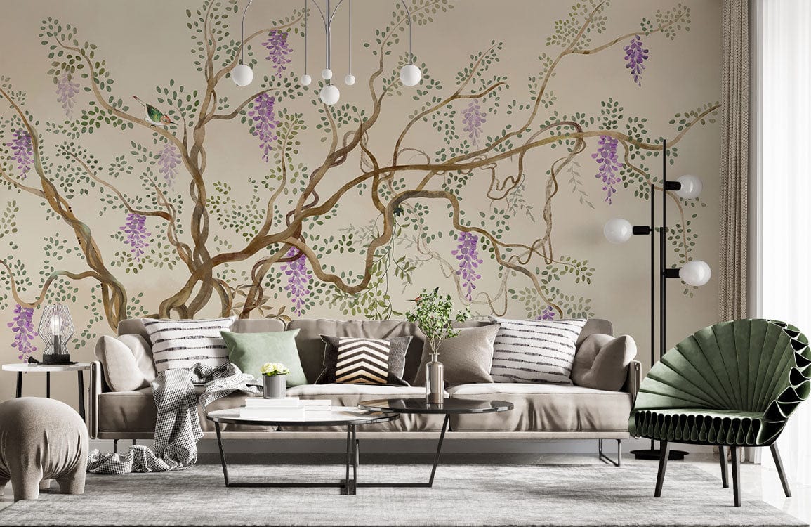 Elegant Botanical Wisteria Wall Mural in living room