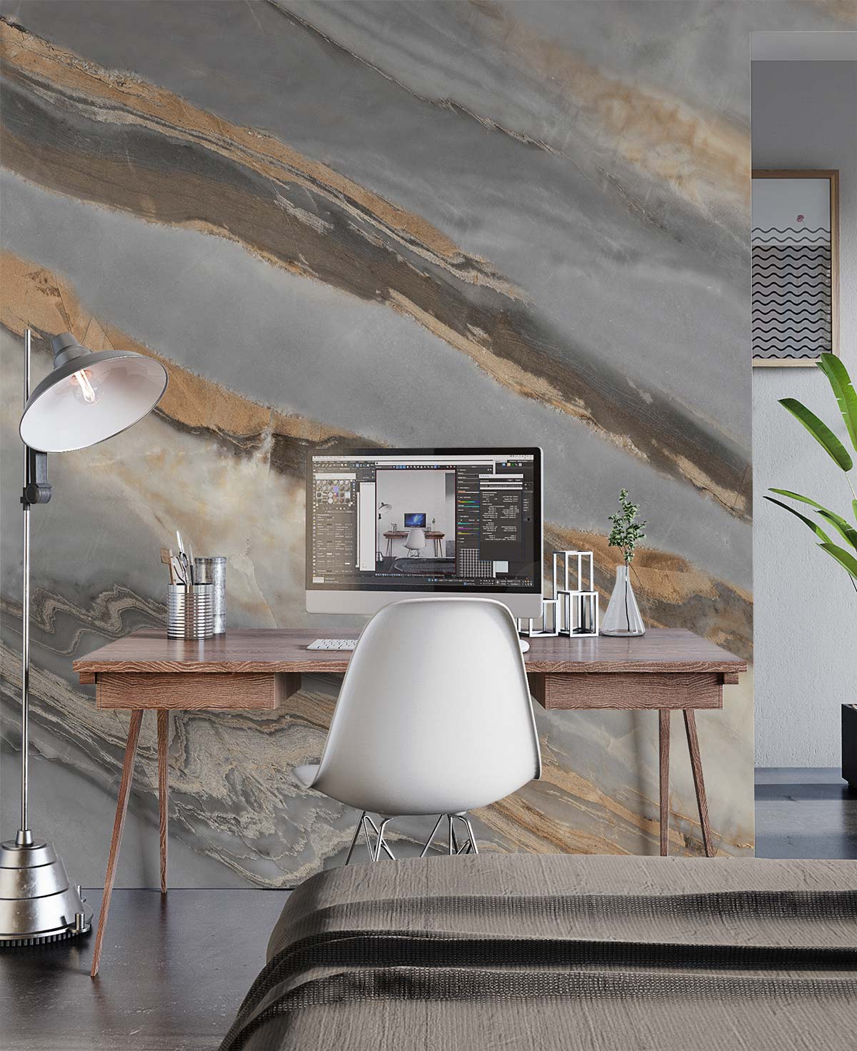 Living Room Covered in a Marble and Gray Gilt Wallpaper Mural