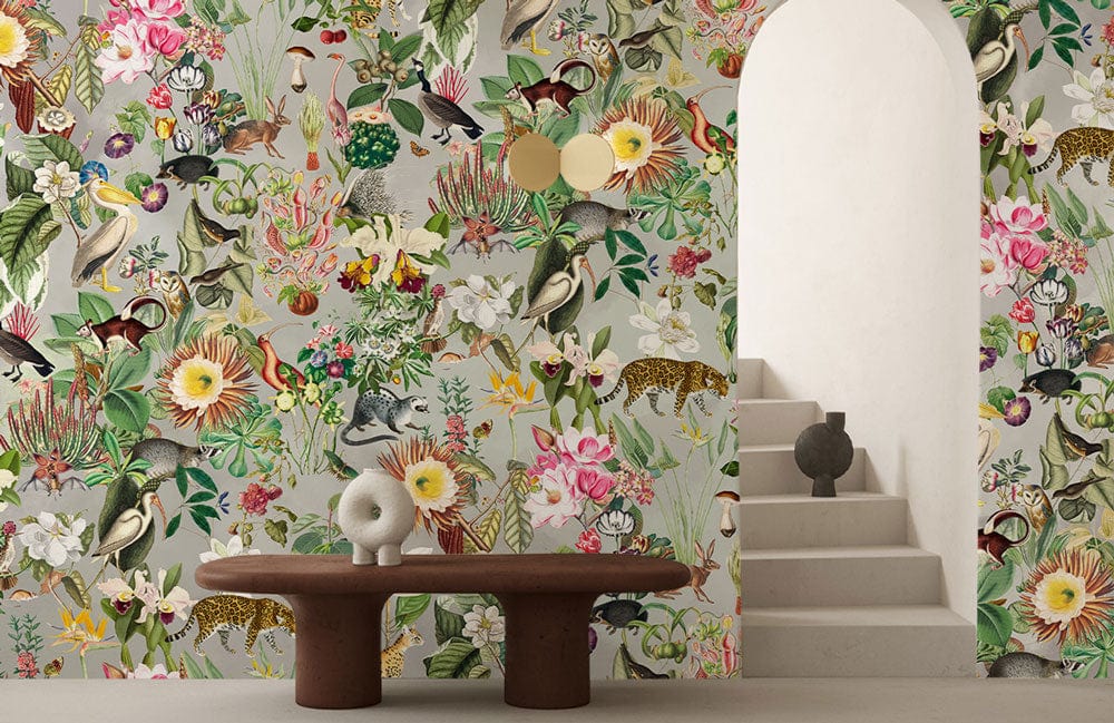 Vibrant Jungle Animal Botanical Mural Wallpaper in entryway
