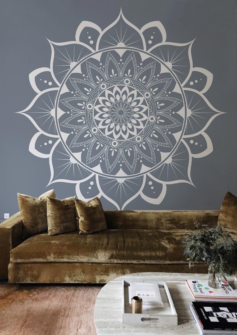 a fascinating white pattern on a gray backdrop is featured in this custom-made wallpaper mural for the living room.