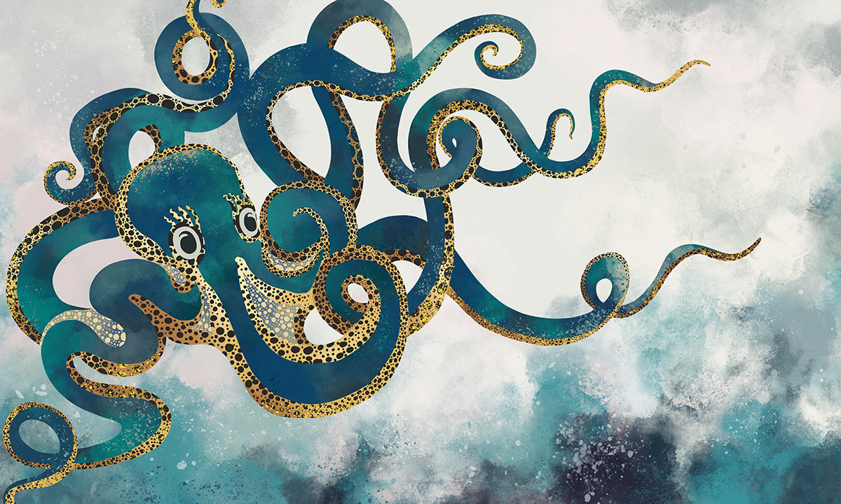 Whimsical Ocean Octopus Art Mural Wallpaper