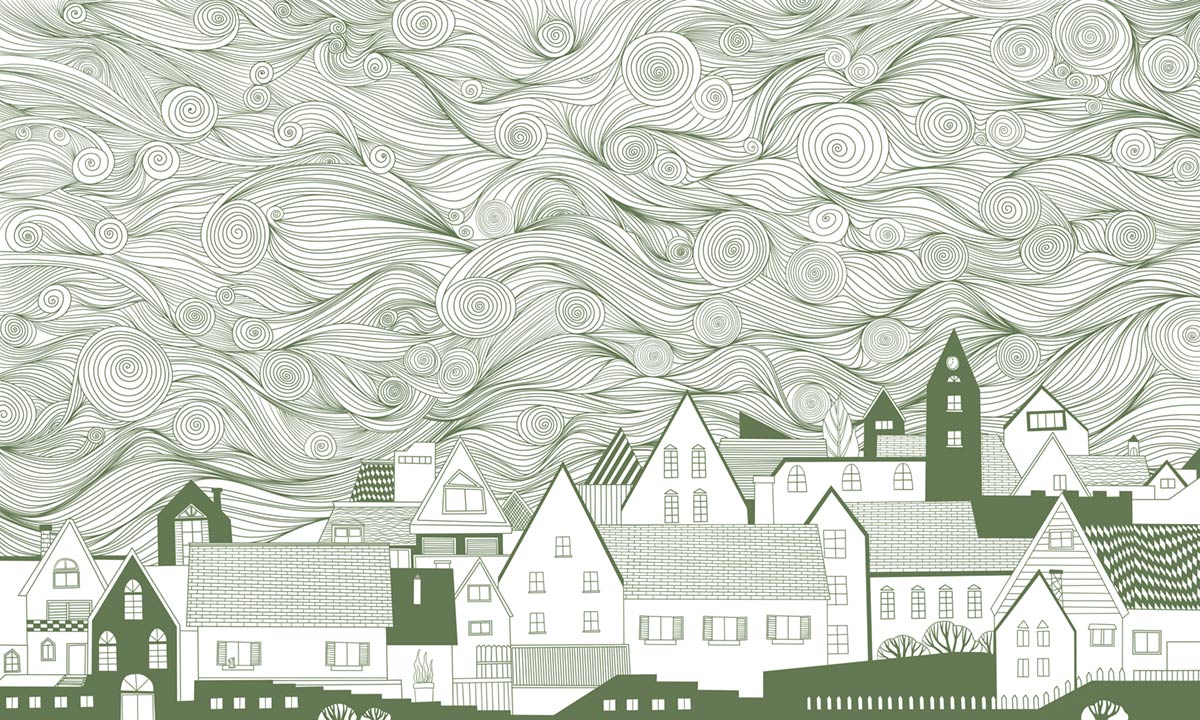 Whimsical Line Art Village Mural Wallpaper