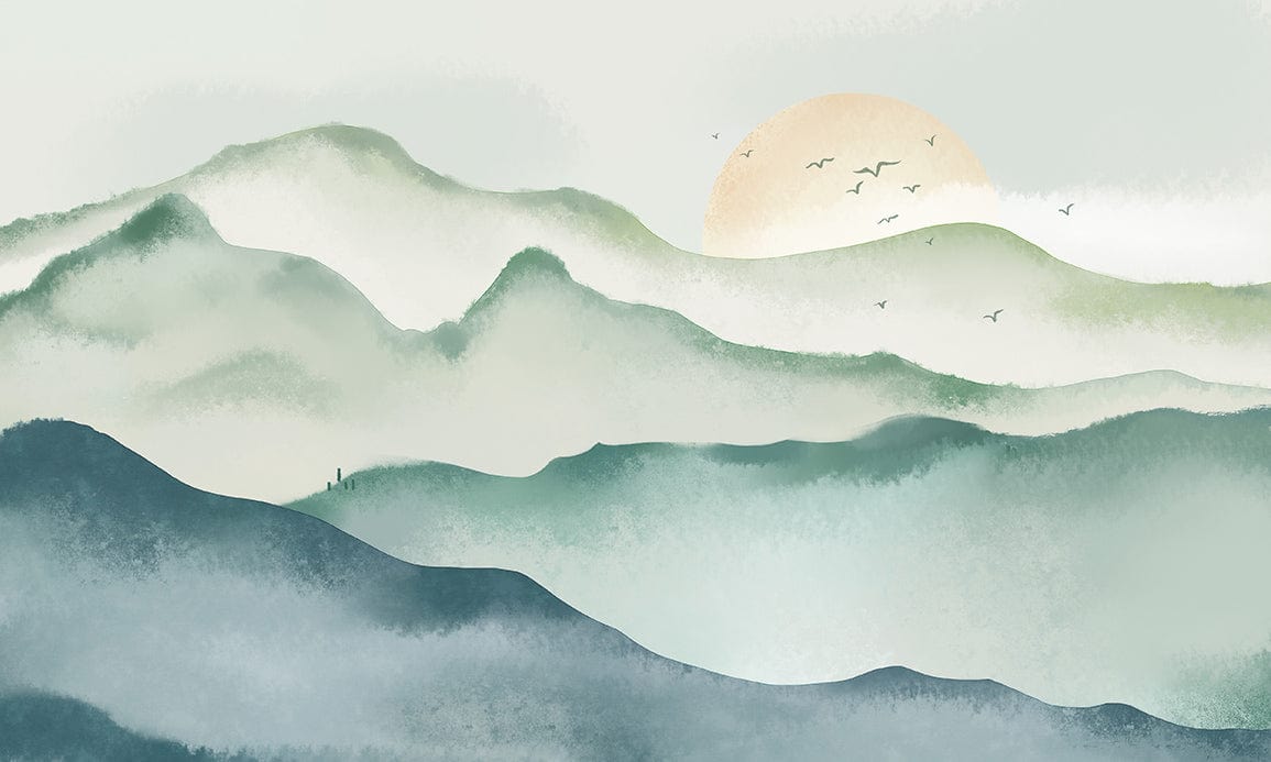 ombre watercolour wall mural with a mountain and sun design