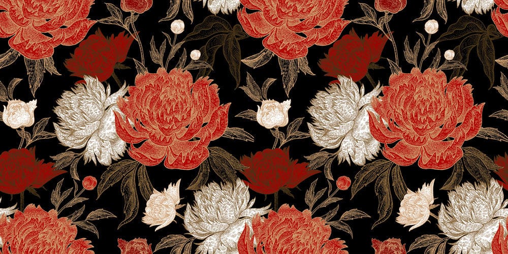 Wall mural artwork with flowers in red and white floral blooms