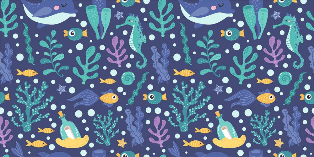 a wall mural depicting marine life in the form of cartoon animals