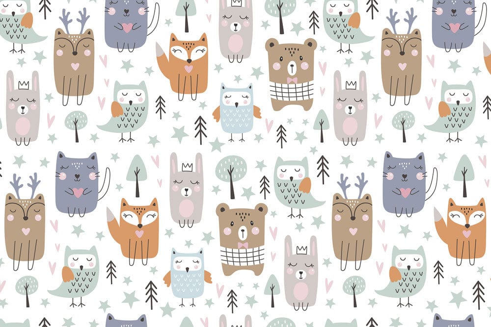 a fox, a bear, a rabbit, and a bird wall mural