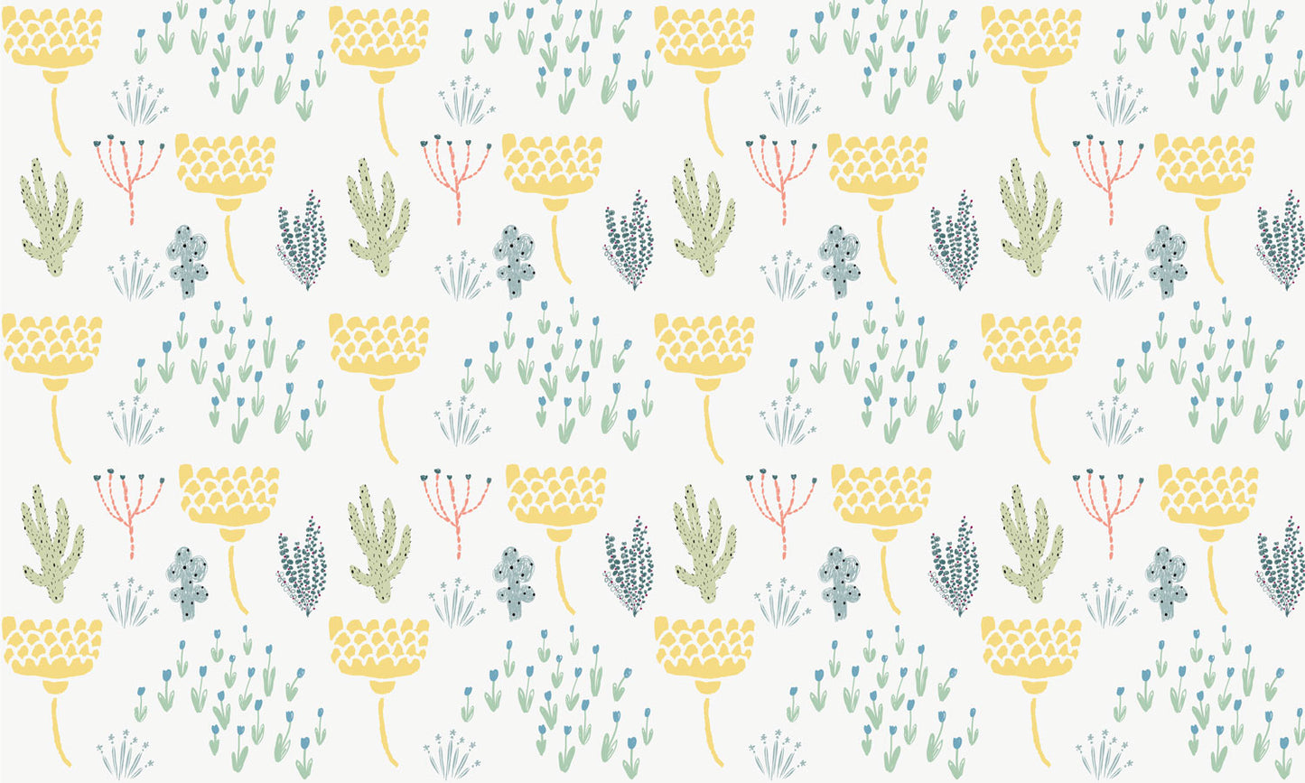 Wallpaper mural for home decoration featuring a repeating pastel plant pattern.