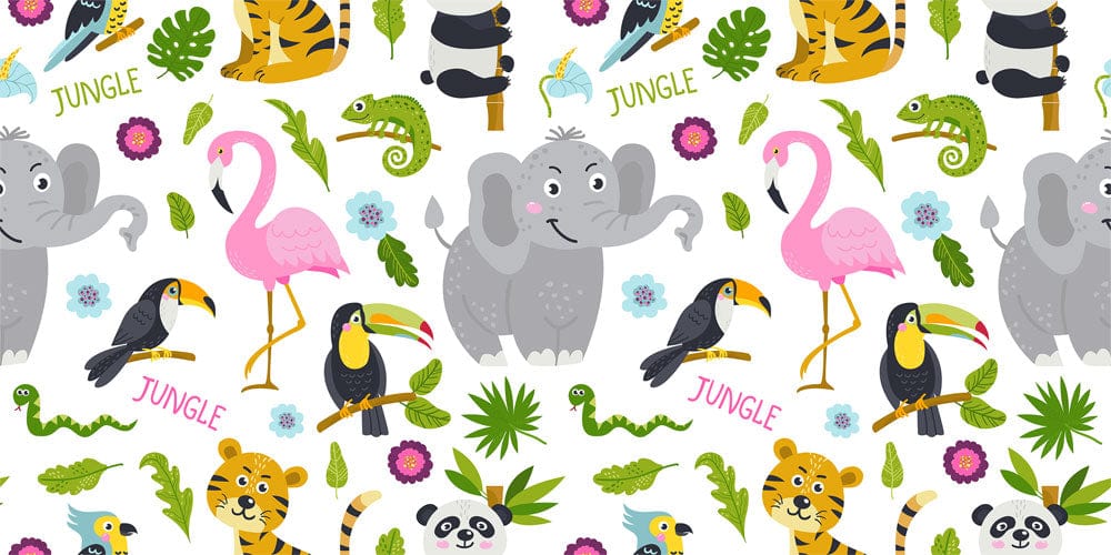 Wallpaper with jungle animals and foliage for a child's nursery