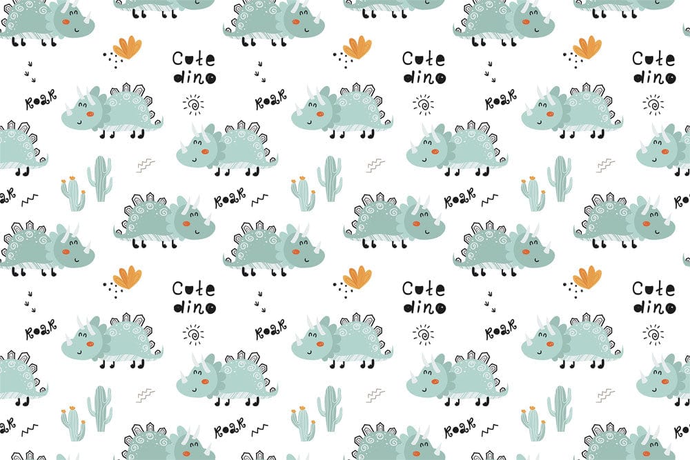 a wall mural with a cartoon dinosaur and leaf pattern
