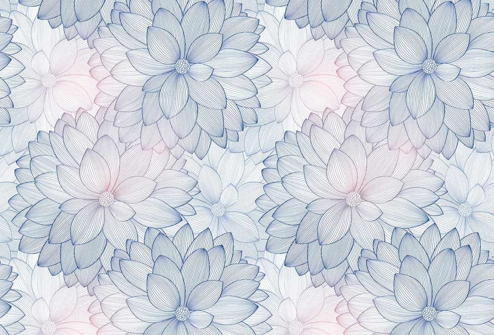 mixed pink and blue flowers on a wall art mural