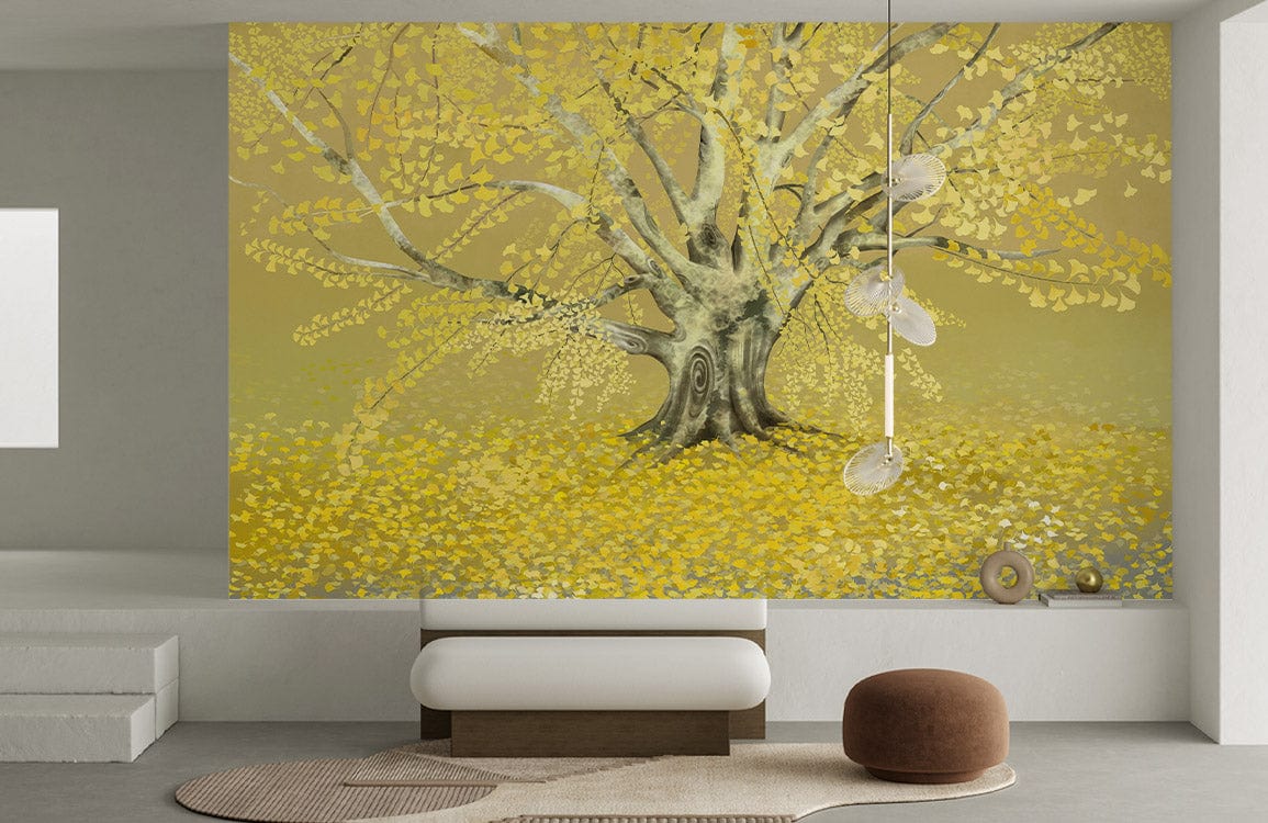 Golden Autumn Tree Landscape Mural Wallpaper in living room