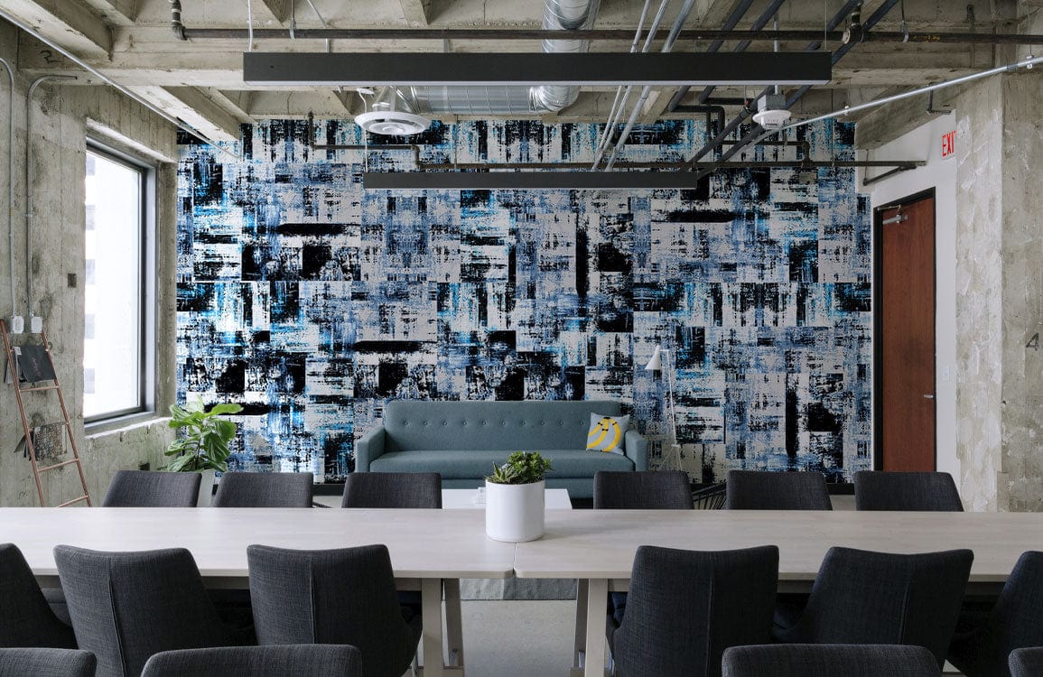 Wallpaper mural with black and blue squares, ideal for use in an office setting.